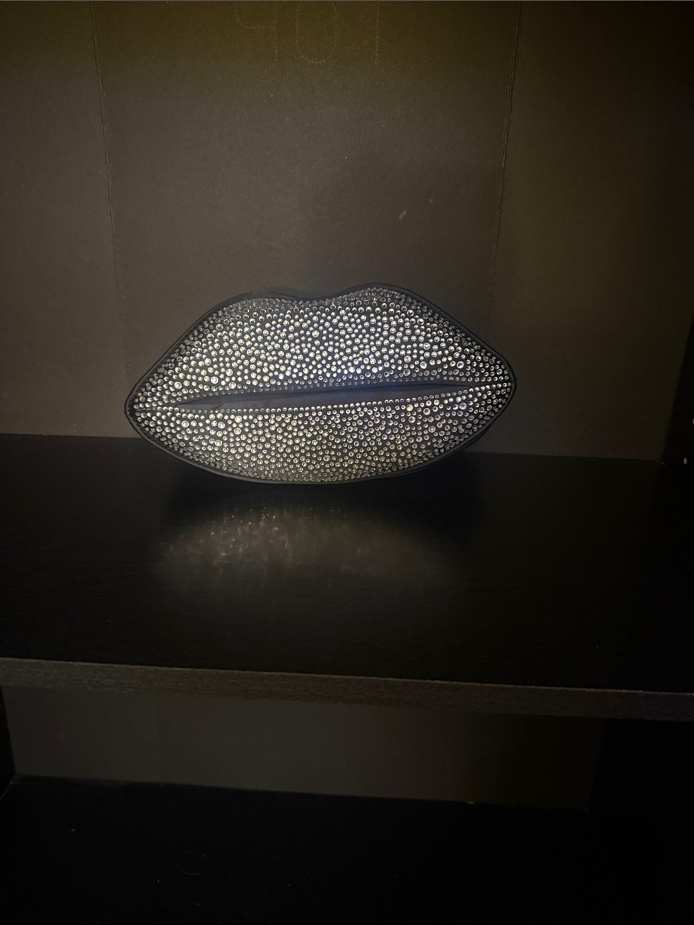 Crystal Lip Clutch / CrossBody in Black with Silver Stones